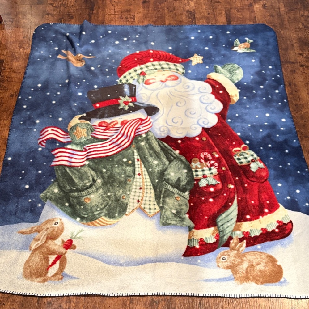 Festive Santa and Snowman Fleece Holiday Blanket